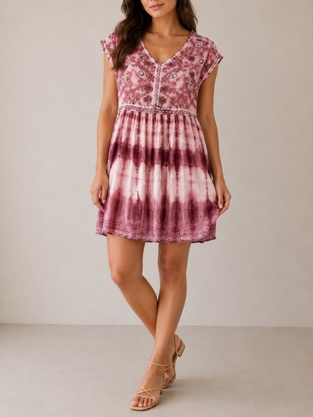 Sundance Gemi Pink Tie Dye Floral Embroidered Boho Mini Dress